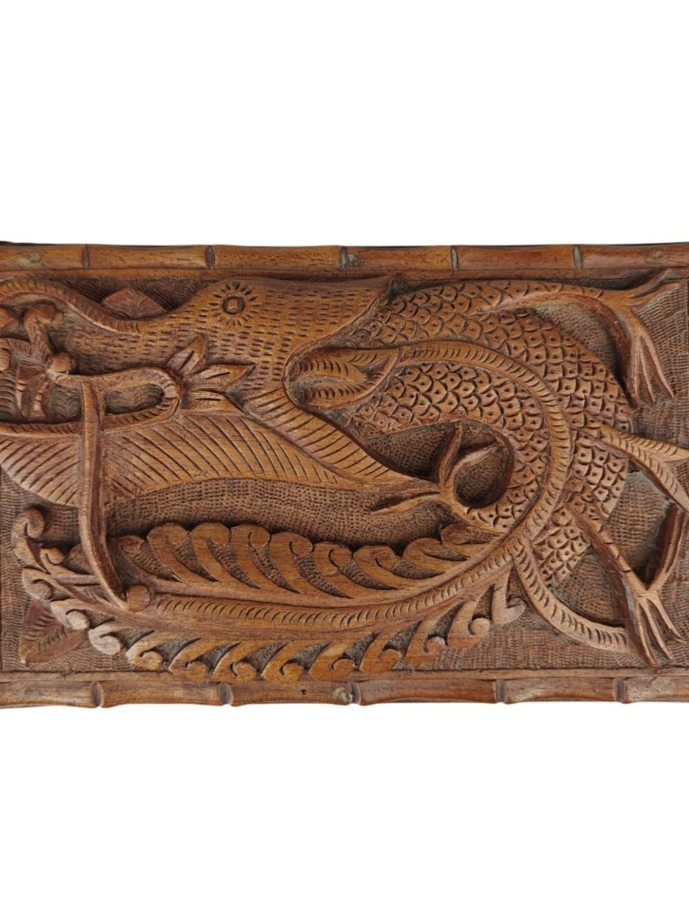 Vintage Hand-Carved Wooden Jewelry Box Dragon Design Brown Intricate Detailing